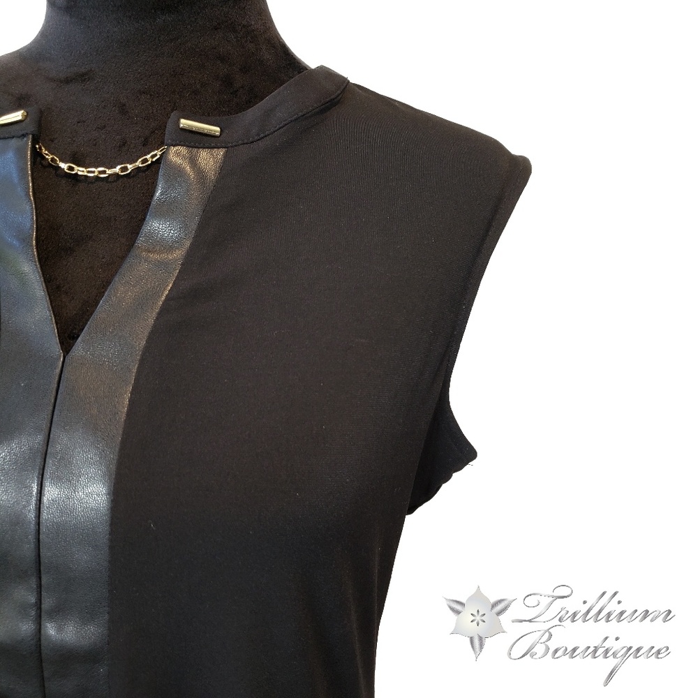 Calvin Klein Faux Leather Strip Keyhole Blouse - Picture 5 of 8